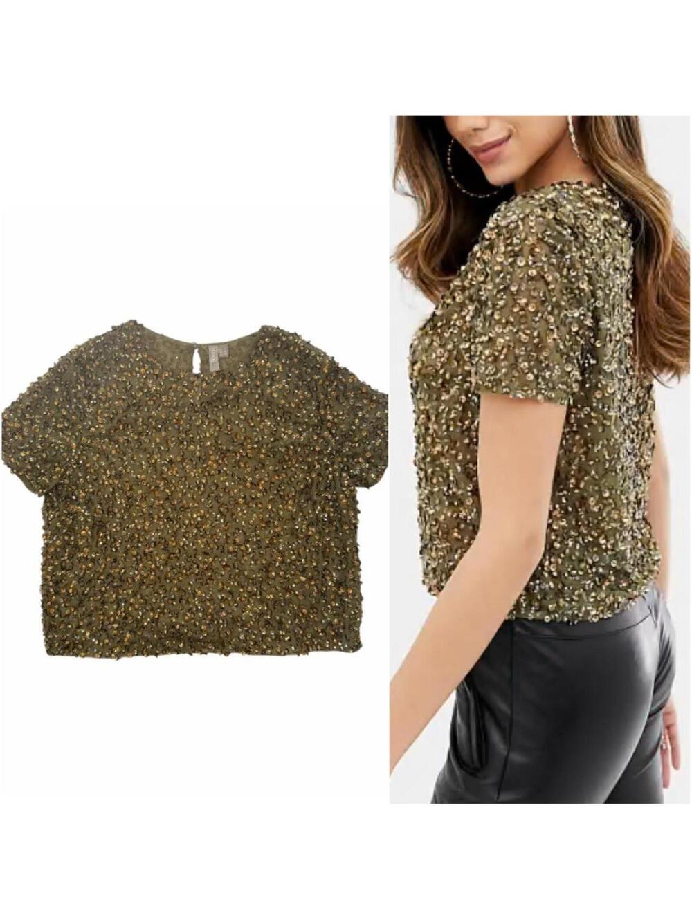 ASOS Olive Gold Sequin Beaded Party Top Festival Y2K Glam Blouse